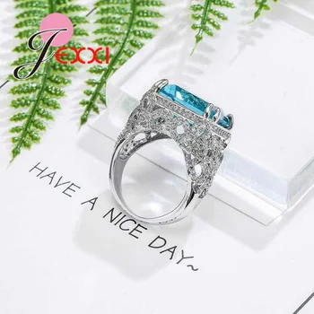 Ретро стил пръст пръстен с правоъгълника синьо небе цирконий 925 стерлинги сребърни бижута, бижута за жени сватба
