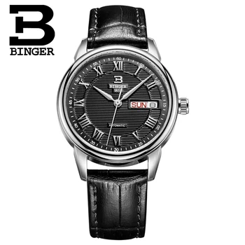 Швейцария Binger дамски часовници мода луксозни часовници ултра тънък кварцов авто дата на кожена каишка за часовник B3037G-4