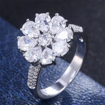 VAGZEB сребърен цвят луксозен женски голям кристал цвете пръстен мода годежни пръстени за жени елегантен Циркон годежен пръстен на пръстените