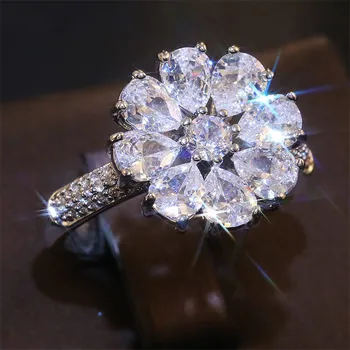 VAGZEB сребърен цвят луксозен женски голям кристал цвете пръстен мода годежни пръстени за жени елегантен Циркон годежен пръстен на пръстените