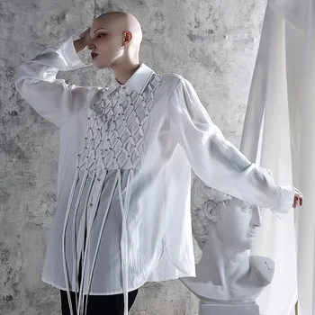 [ИАЛ] 2021 новата колекция пролет есен отложным яка с дълъг ръкав тънък пискюл Кратка личност риза жени блуза мода Tide JX704