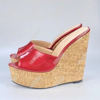Olomm ръчно изработени жени платформа мулета лъскави клинове, сандали на високи токчета отворени пръсти великолепен Червен нощен клуб обувки дамски размер САЩ 5-20