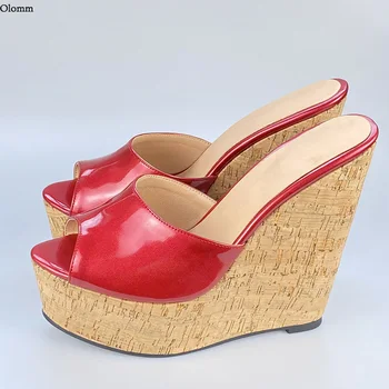 Olomm ръчно изработени жени платформа мулета лъскави клинове, сандали на високи токчета отворени пръсти великолепен Червен нощен клуб обувки дамски размер САЩ 5-20