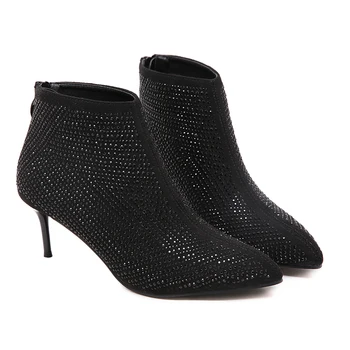 Есенни ботуши класически черни къси ботуши 6 cm ток ботильоны за жени шипове ботуши дамски кристал токчета есен офис обувки