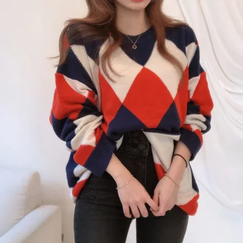 BGTEEVER стилен свободни О-образно деколте Argyle мозайка дамски плетени пуловери зима ежедневни дамски пуловери скок 2020 дръпна femme
