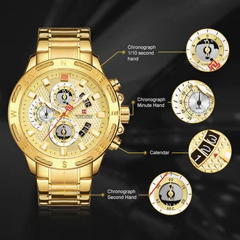 NAVIFORCE мъжки часовник Водоустойчив златен часовник от неръждаема стомана часовник мъжки хронограф военни Кварцов ръчен часовник Relogio Masculino