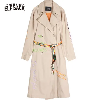 ELFSACK Khaki Solid Letter Embroidery Double Button Casual Women Trench Coat 2020 Spring Long Sleeve Belt Korean Ladies Outwears