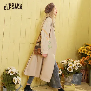 ELFSACK Khaki Solid Letter Embroidery Double Button Casual Women Trench Coat 2020 Spring Long Sleeve Belt Korean Ladies Outwears