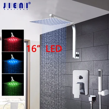 JIENI 8~16 инча LED дъжд баня с душ комплект ръчен душ накрайник за душ стенен квадратен хром месинг водопад душ комплект