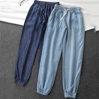 Дамски ежедневни панталони с дължина до глезена летни тънки меки дънки дънкови Tencel Еластична лента на талията свободно време за свободни скъсяване на дънки панталони