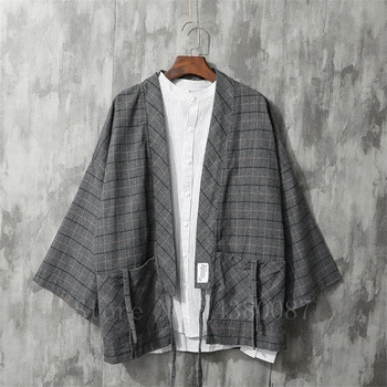 Мъжко кимоно японски традиционен стил палто, жилетка ежедневни Свободна хаори ретро клетчатая яке самурай Азиатската дрехи юката
