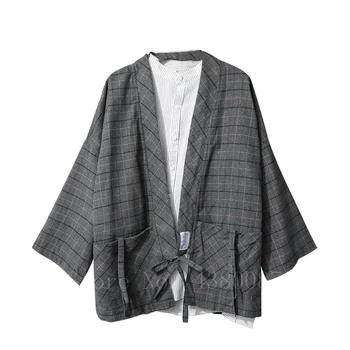 Мъжко кимоно японски традиционен стил палто, жилетка ежедневни Свободна хаори ретро клетчатая яке самурай Азиатската дрехи юката