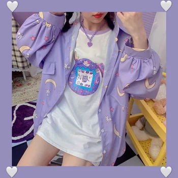 QWEEK Kawaii ризи за жени корейски стил Дамски ризи извънгабаритни Moon Print блуза копчета на ризата JK с дълъг ръкав сладък Harajuku