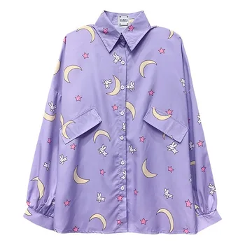 QWEEK Kawaii ризи за жени корейски стил Дамски ризи извънгабаритни Moon Print блуза копчета на ризата JK с дълъг ръкав сладък Harajuku