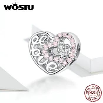 WOSTU сребро 925 любов Сърцето мъниста в розов Циркон ажурни окачване Fit оригинална гривна окачване за жени, бижута BKC1301