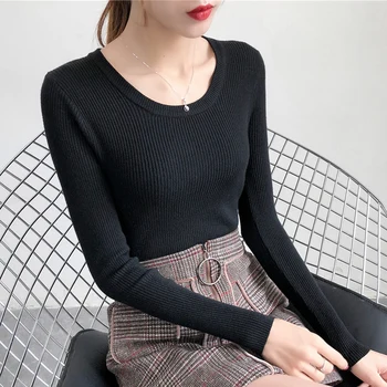 2020 вязаный женски пуловер с кръгло деколте пуловери пролет есен основните дамски пуловер пуловер Slim Fit черен топ B108