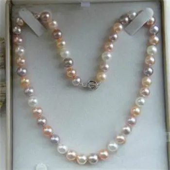 Безплатна доставка> >>>>>>>>>>>>>> 7-8 мм истински натурален бяло и розово и лилаво Akoya култивирани перли в огърлица 17