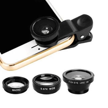 Гъвкав 3-в-1 широкоъгълен обектив за макро рибешко око мобилен телефон рибешко око лещи комплект камера за iPhone смартфон Samsung аксесоари