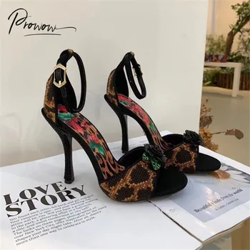 Prowow New Fashion Style Black Women Summer Sandals Секси Open-Toe Flower Buckle Strap Thin High Heel Sandals Party Shoes Woman
