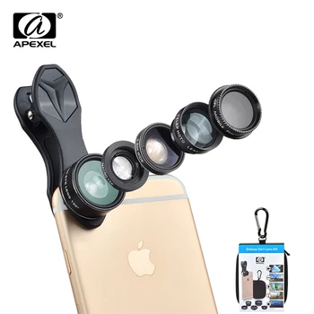 APEXEL 5 в 1 рибешко око широкоъгълен обектив за макро телескоп телеобектив CPL мобилен телефон, мини-обектив на камерата за iPhone Samsung xiaomi